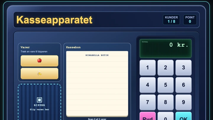 Kasseapparatet med varer, scanner og tastatur