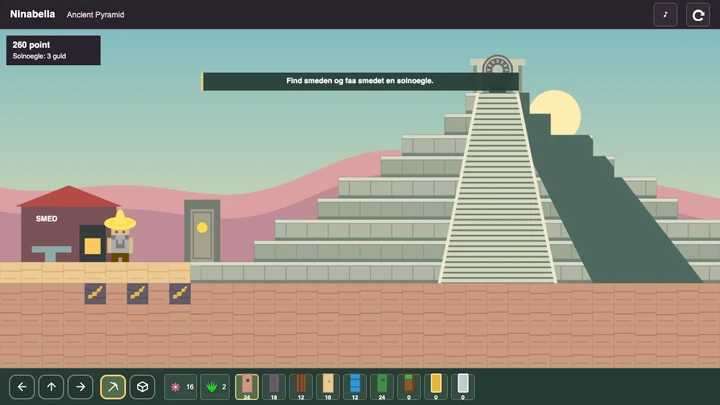 Pyramidejagten med spilleren, smeden og pyramiden